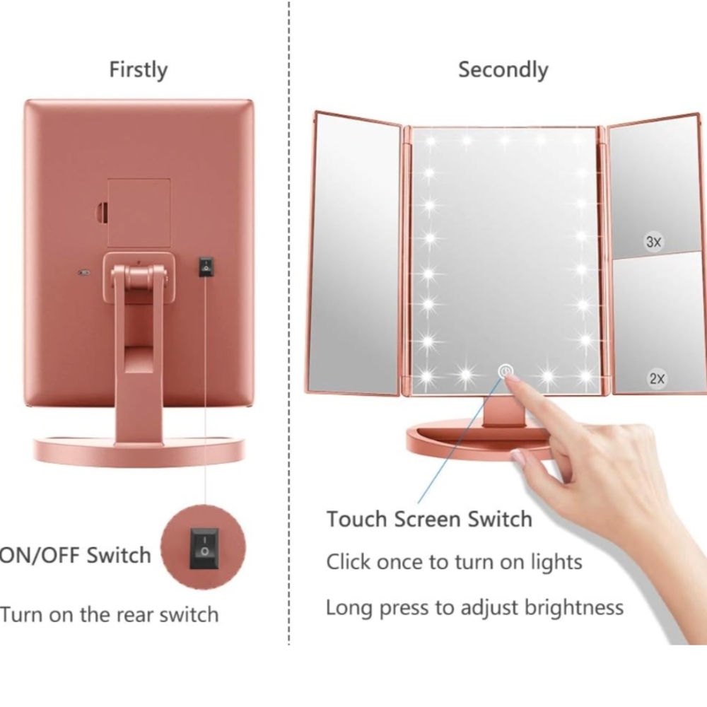 Rose Gold Tri-Fold LED Makeup Mirror